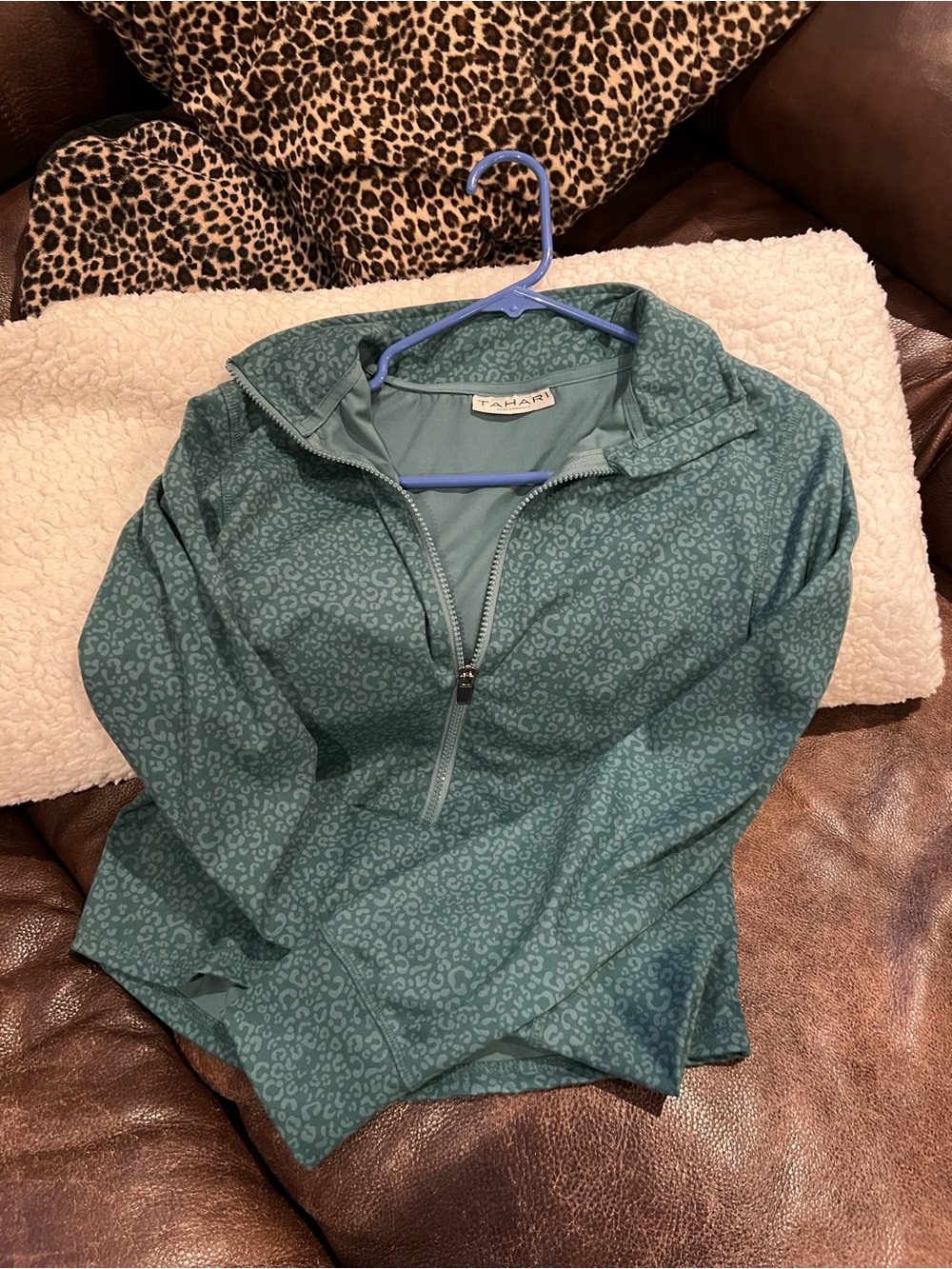 Tahari Teal-Green Quarter-Zip Pullover with Subtle Animal Print